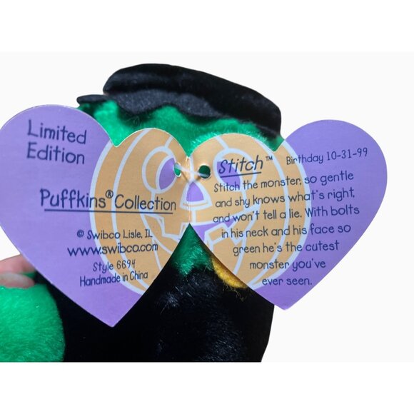 Puffkins Stitch Monster Plush Toy Green Black Tag Collectible1999 Halloween - Picture 13 of 16